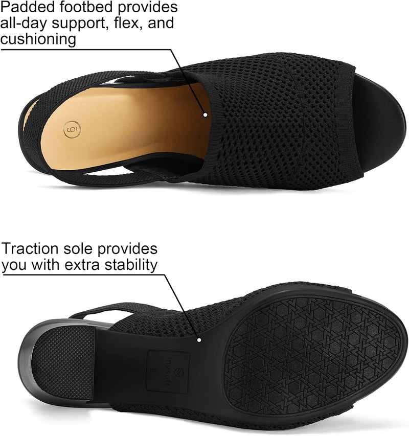 mysoft Women's Knit Chunky Block High Heels Elastic Slingback Open Toe 3 Inch Heeled Sandals - Image 3